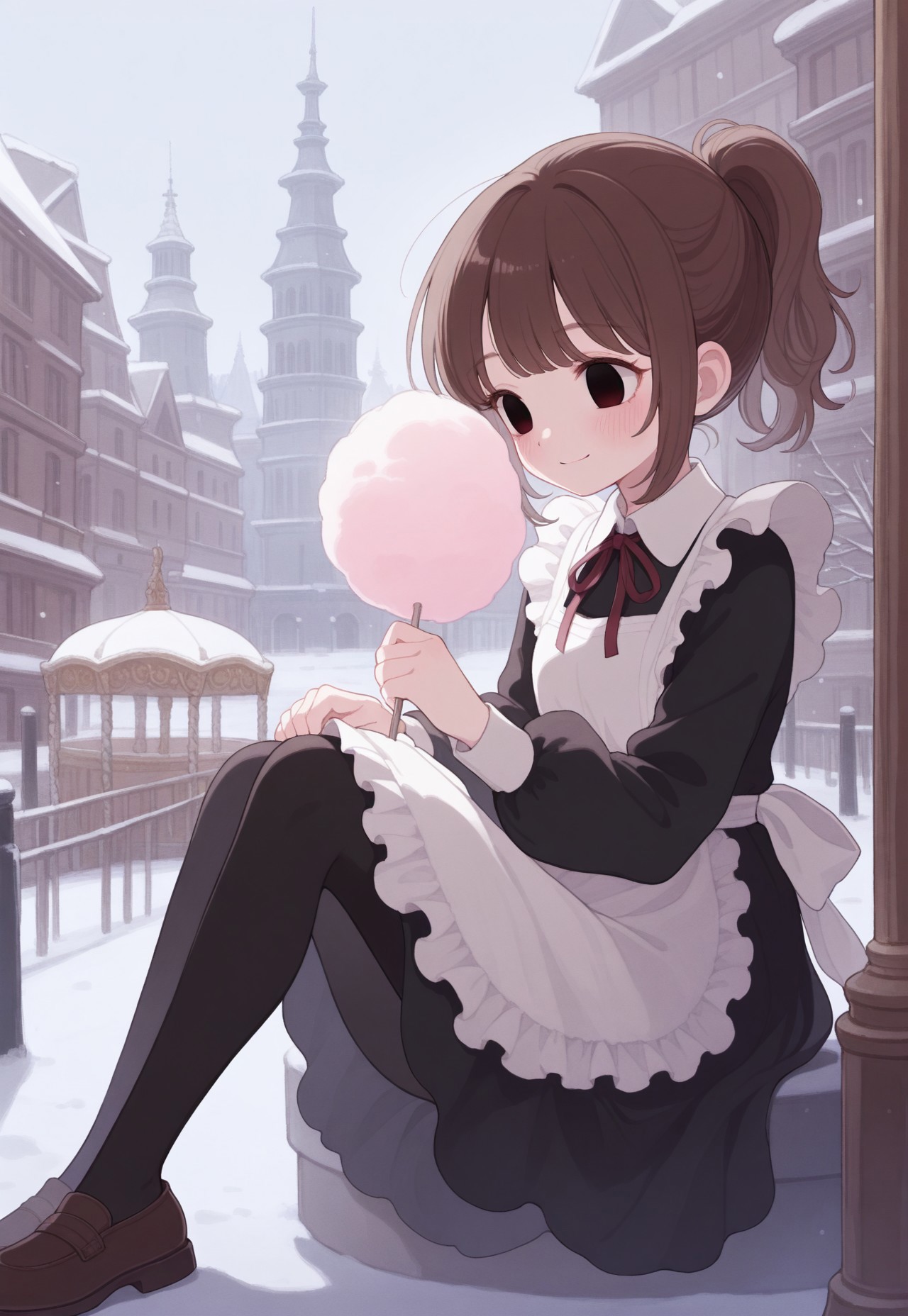 solo, detailed, ethereal, intricate details, vibrant colors, soft lines, soft brush strokes, dreamy, 


[murky, snow, city, panel buildings], 

winter, carousel, 


soft smile, blush, cotton candy, bitting cotton candy, happy, 

1girl, black solid eyes, brown hair, ponytail, long black dress, long black sleeves, white collar, red neck_ribbon, white frills, white apron, [black pantyhose, brown shoes,],

masterpiece,best quality,amazing quality, detailed, 
