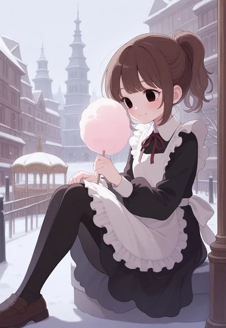 solo, detailed, ethereal, intricate details, vibrant colors, soft lines, soft brush strokes, dreamy, 


[murky, snow, city, panel buildings], 

winter, carousel, 


soft smile, blush, cotton candy, bitting cotton candy, happy, 

1girl, black solid eyes, brown hair, ponytail, long black dress, long black sleeves, white collar, red neck_ribbon, white frills, white apron, [black pantyhose, brown shoes,],

masterpiece,best quality,amazing quality, detailed, 
