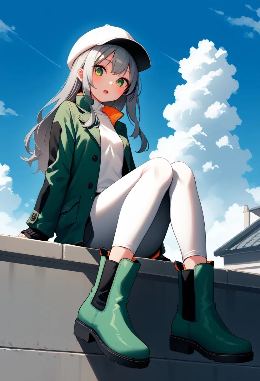 score_9, score_8_up, score_7_up, score_6_up, source_anime, lineart, from below, boots focus,
1girl, ankle boots, blush, green eyes, green jacket, grey hair, hat, jacket, leggings, long hair, long sleeves, open clothes, open jacket, open mouth, sitting, solo, white hat,
b3llh3ng3, outdoor, sky, roof