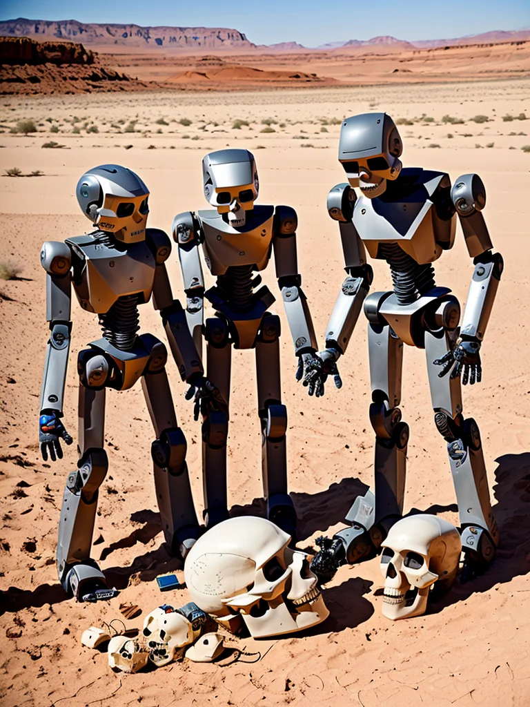 "three angular robots inspecting a human skull in a desert, high detail photograph"