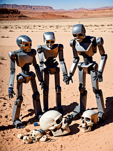 "three angular robots inspecting a human skull in a desert, high detail photograph"