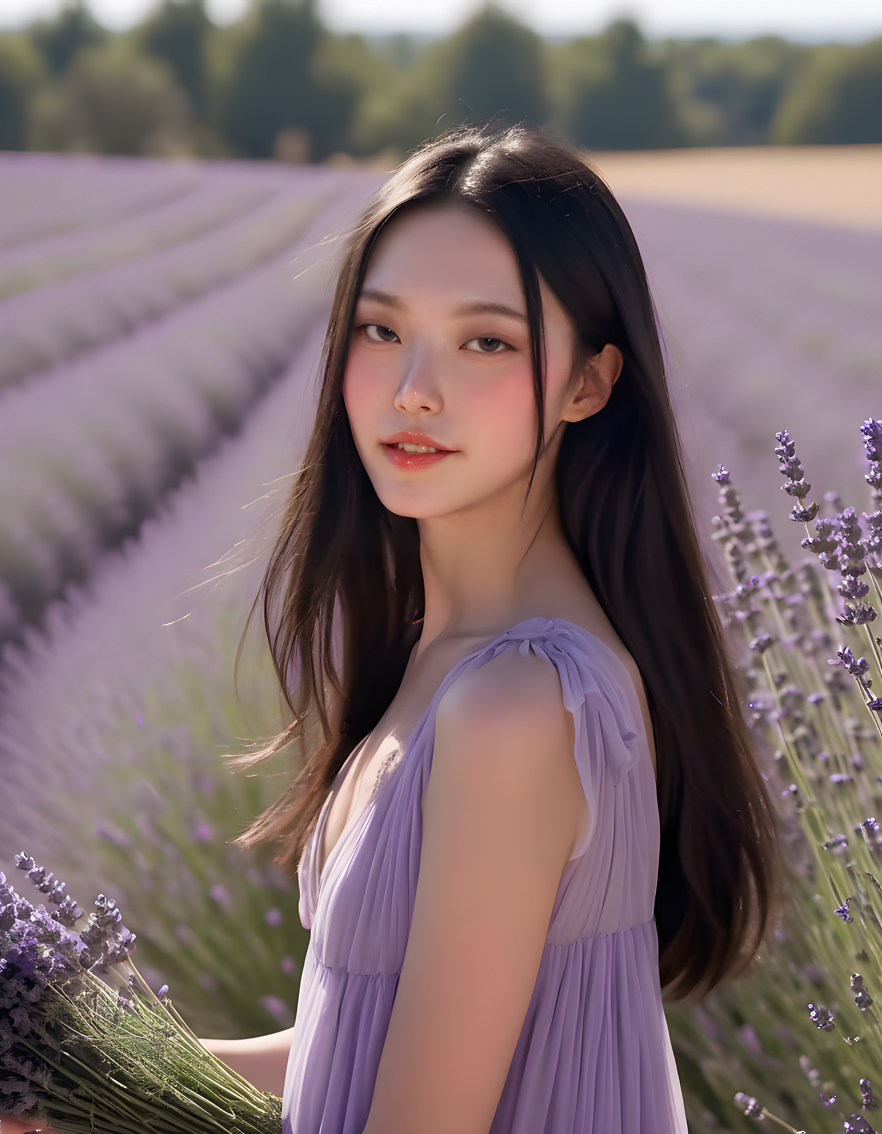 In a vibrant, sun-soaked Provence field adorned with wildflowers and lavender, a striking woman named NJZH43R1N stands tall against the soft morning breeze. Her long, cascading black hair shines like raven feathers under the warm sunlight, framing her strong jawline and expressive features - the high cheekbones, her full lips that curve into a subtle smile, and her delicate, aristocratic nose. She wears an elegant, knee-length dress in a soft shade of lavender, complementing the surrounding flora. Her slender arms hold a simple portrait close to her chest, the image of a loved one or perhaps herself from a different time, a sentimental keepsake in this idyllic setting. The camera captures her from a slightly elevated angle, allowing for a bird's-eye view of the breathtaking landscape behind her, adding depth and perspective to the scene.