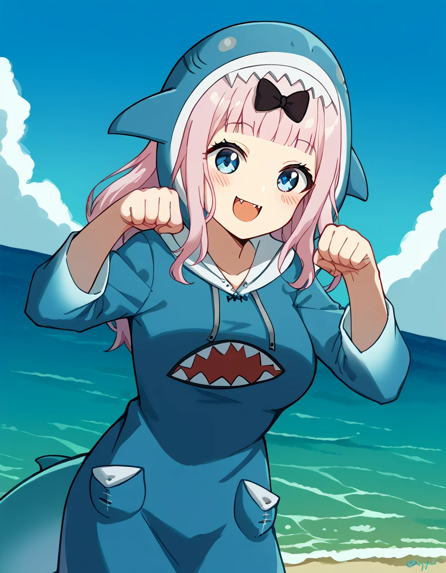 score_9, score_8_up, score_7_up, source_anime, chikafujiwara, <lora:chika-fujiwara-s3-ponyxl-lora-nochekaiser:1>, chika fujiwara, long hair, bangs, blue eyes, bow, pink hair, hair bow, blunt bangs, black bow, large breasts,, <lora:gawr-gura-cosplay-ponyxl-lora-nochekaiser:1>, gawrguracosplay, gawr gura \(cosplay\), shark hood, shark costume, blue hoodie, shark tail, animal hood, fish tail,, outdoors, ocean, water, submerged, smile, blush, <lora:paw-pose-ponyxl-lora-nochekaiser:1>, paw pose, open mouth, fangs, sharp teeth,, cowboy shot, dutch angle, solo,