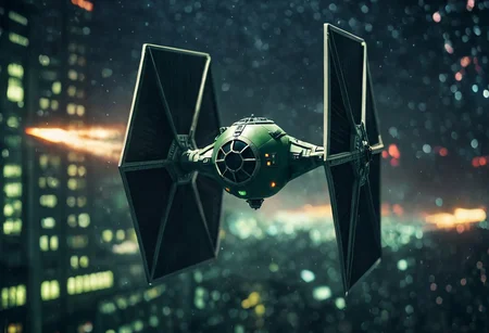 TIE fighter a star wars tie fighter flying through a city,military,no humans,night,star (sky),flying,science fiction,realistic,aircraft,space,vehicle focus,spacecraft , star wars style, battle, laser beam from tie fighter, green weapon, burstfir, shallow depth of field, vignette, highly detailed, high budget, bokeh, cinemascope, moody, epic, gorgeous, film grain, grainy