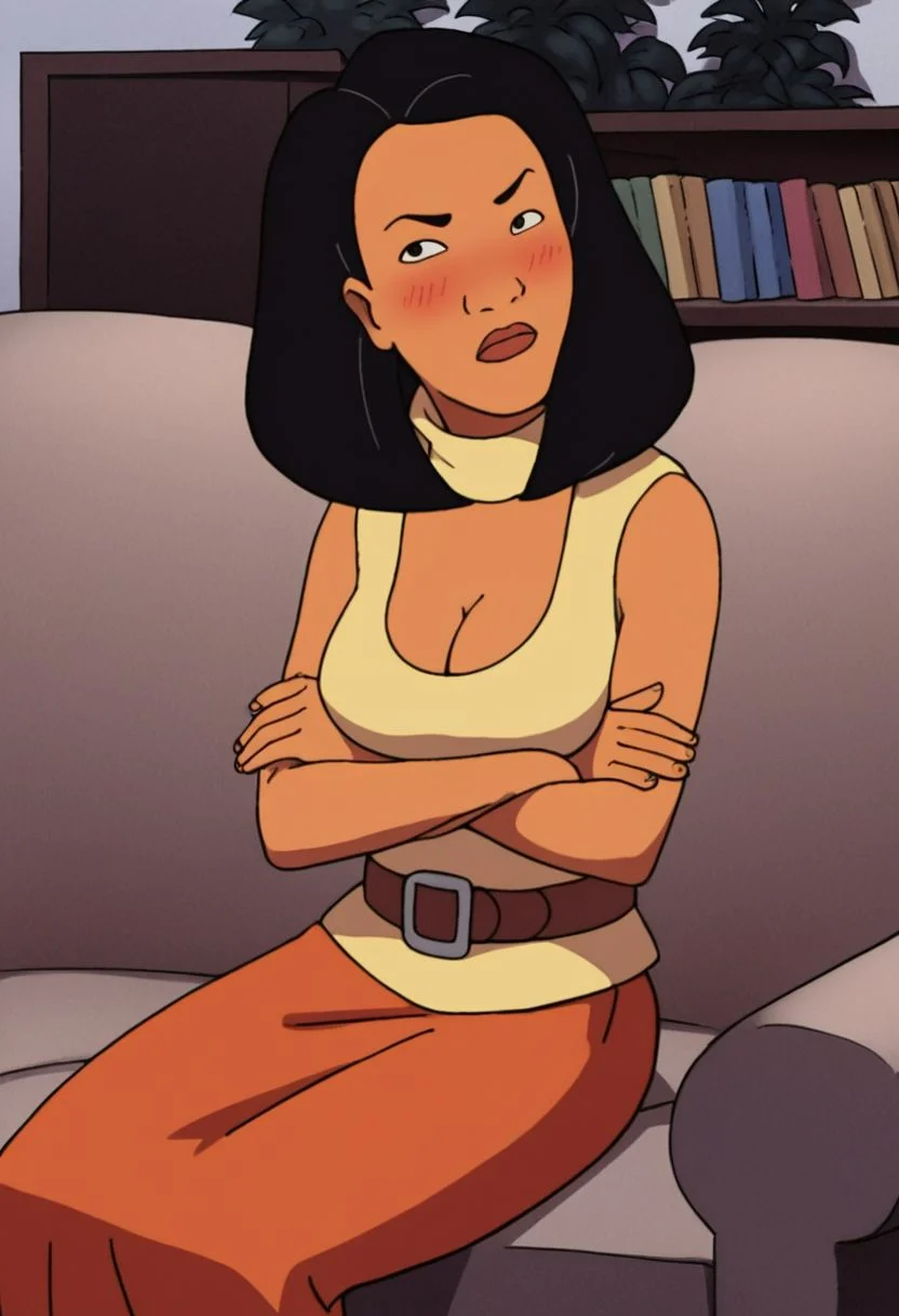 score_9, score_8_up, score_7_up, 1girl, solo, minh, black hair, yellow sleeveless turtlneck, belt, orange skirt, cleavage, big boobs, arms crossed, looking at viewer, blushing, living room