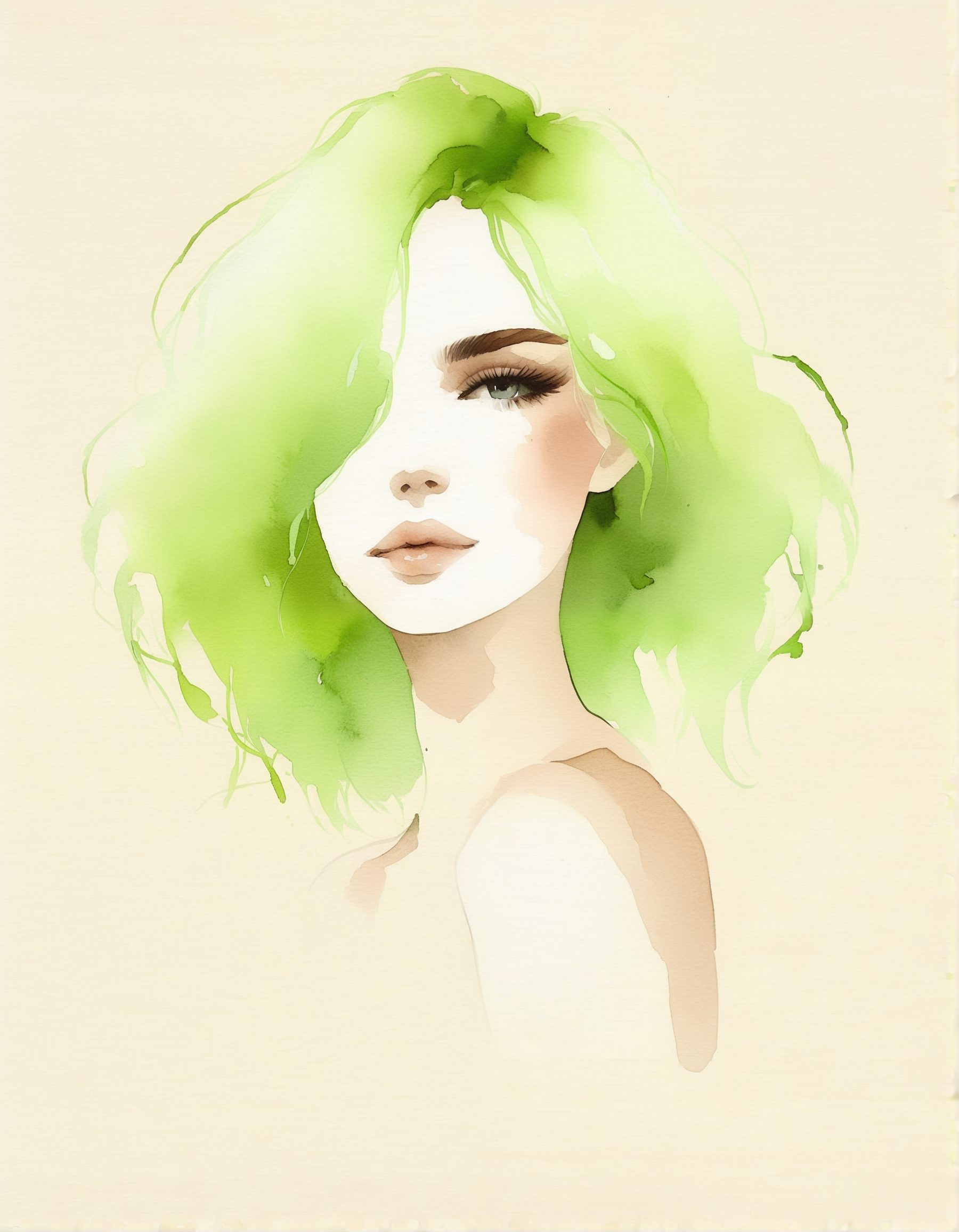 water colors, painting, 1girl, lime green hair, beautiful face, nude, beige background, rough paper