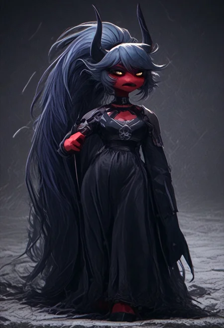 (score_9, score_8_up, score_7_up), PRSNL_3_1, HCSV1, illustration, ((cartoon)), hand drawn, ((masterpiece)), (furry art, uploaded on e621, 4k, fine details, (subtle soft details), (female), ((imp)), gloves, demon girl, (red skin mottled with white spots), imp tail, black pupils, black sclera, ((black ram horns)), short stature, 1girl, (((very long light teal hair tied into a ponytail:1.4))), dark teal highlights, ((purple slave collar)), black puffy lips, black eyeliner, ((detailed orange eyes)), ((dynamic pose)), plump, cute, beautiful, ((black sclera:1.4)), orange iris, Detailed hand, medium breasts, cleavage, curvy, pink fingerless gloves, large iris, hooves, fur on ankles around hooves, medium bulge, solo, Helldivers, in a futuristic, armored suit. The armor is predominantly dark gray with pink accents at the shoulder plates, knee pads, and boot heels, It's a sleek design with segmented plates suggesting both flexibility and protection, (cyberpunk city outskirts, cable, standing, scales, road, outcasts, black background, walking, car, horizon, decay, dystopian, cinematic lighting, vivid colors, futuristic chestplate, loincloth, covered navel, /(((holding a rifle with both hands, m41apls)))
