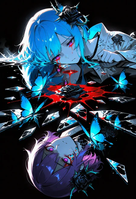 masterpiece, best quality, newest, absurdres, highres, 1girl, purple hair, purple eyes, hair ornament,  electricity, abstract, breaking, shattered, glass, broken glass, monochrome, spot color, blue and black theme, dark, sad, gothic, black rose, thistles and thorns, flora, black and thick liquid, fog, blue butterfly, underlighting, strong visual impact, film lighting, (different reflection, reflection, glass shards:1.2), An ethereal sketch using lineart techniques and wet on wet painting, shatter across face, blood from eyes, tomoe \(symbol\), detailed, time paradox, multiple views, black background, photo \(medium\), simple background, blue hair, kimono,  <lora:DetailedEyes_V3:1>, <lora:people's_work:1>