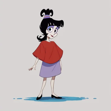 score_9, score_8_up, score_7_up BREAK LydiaDeetz, 1girl, black hair, blunt bangs, black eyes, ponytail, purple pink ponytail scrunchie, red lipstick, pink eyelids, purple eyeshadow, red poncho, smiling at viewer, full body,
