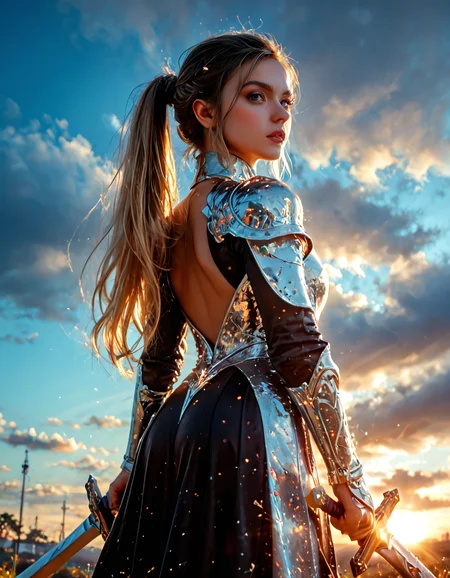 score_9, score_8_up, score_7_up, (realistic), photorealistic, 8k, upper body shot, giant crucifix sword focus, combat pose, ((dynamic pose)), Evil rococo woman, wearing a silver and black Regency dress, long blond dove ponytail, (wielding a sword), (the sword as silver and black mystical holy energy), rococo style, long blond pony tail, hyper stylize, trending on art station, diagonal shot, film grain, midnight, high definition, best quality masterpiece, dynamic angle, best quality, highres, HDR, ultra-detailed, extremely detailed CG unity 8k wallpaper, perfect artwork, hkstyle, <lora:FantasyKnightsV4:1>, sunrise, god rays, <lora:GodRays:0.8>, extremely detailed, hyperdetailed art, high resolution, highly detailed, masterpiece, <lora:cfg_scale_boost:0.7>
