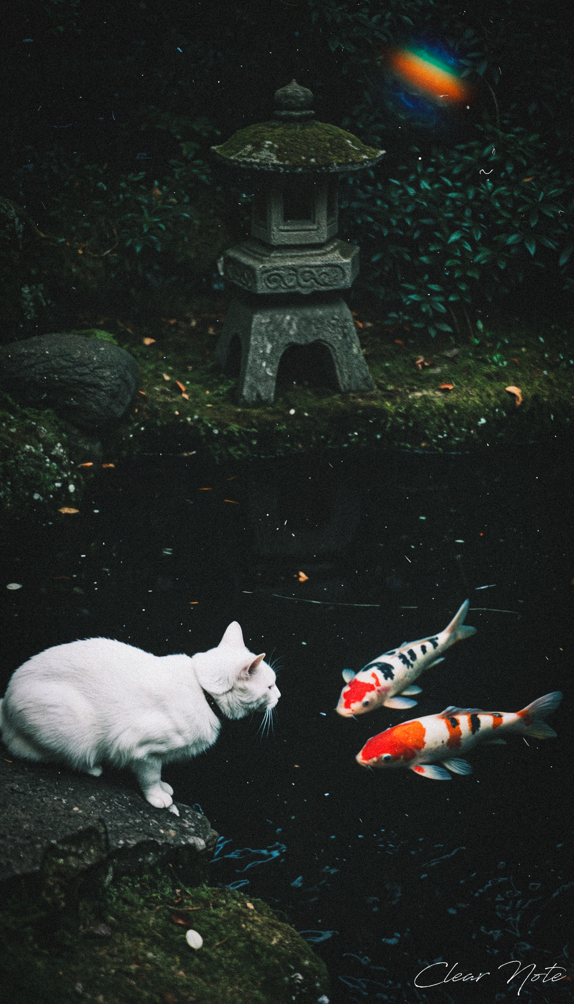 Japanese Culture Style, Emotional Photos, 35mm film, A white cat and a koi carp in a pond are looking at each other, Japanese Garden