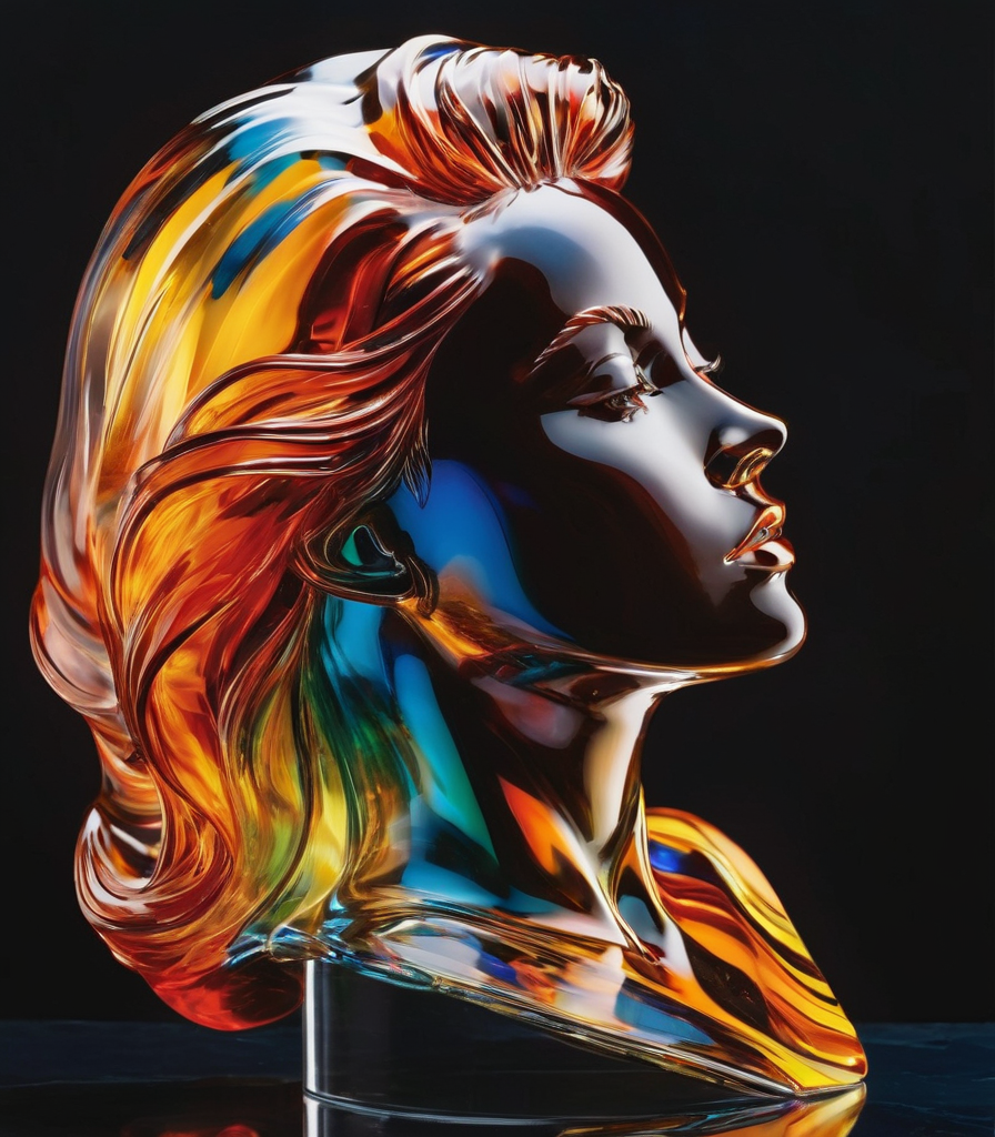 A portrait of glasssculpture, woman in an action pose, with dynamic movement and bold colors. By Alex Ross, Jim Lee, or Jock.<lora:sdxl_glass:1>