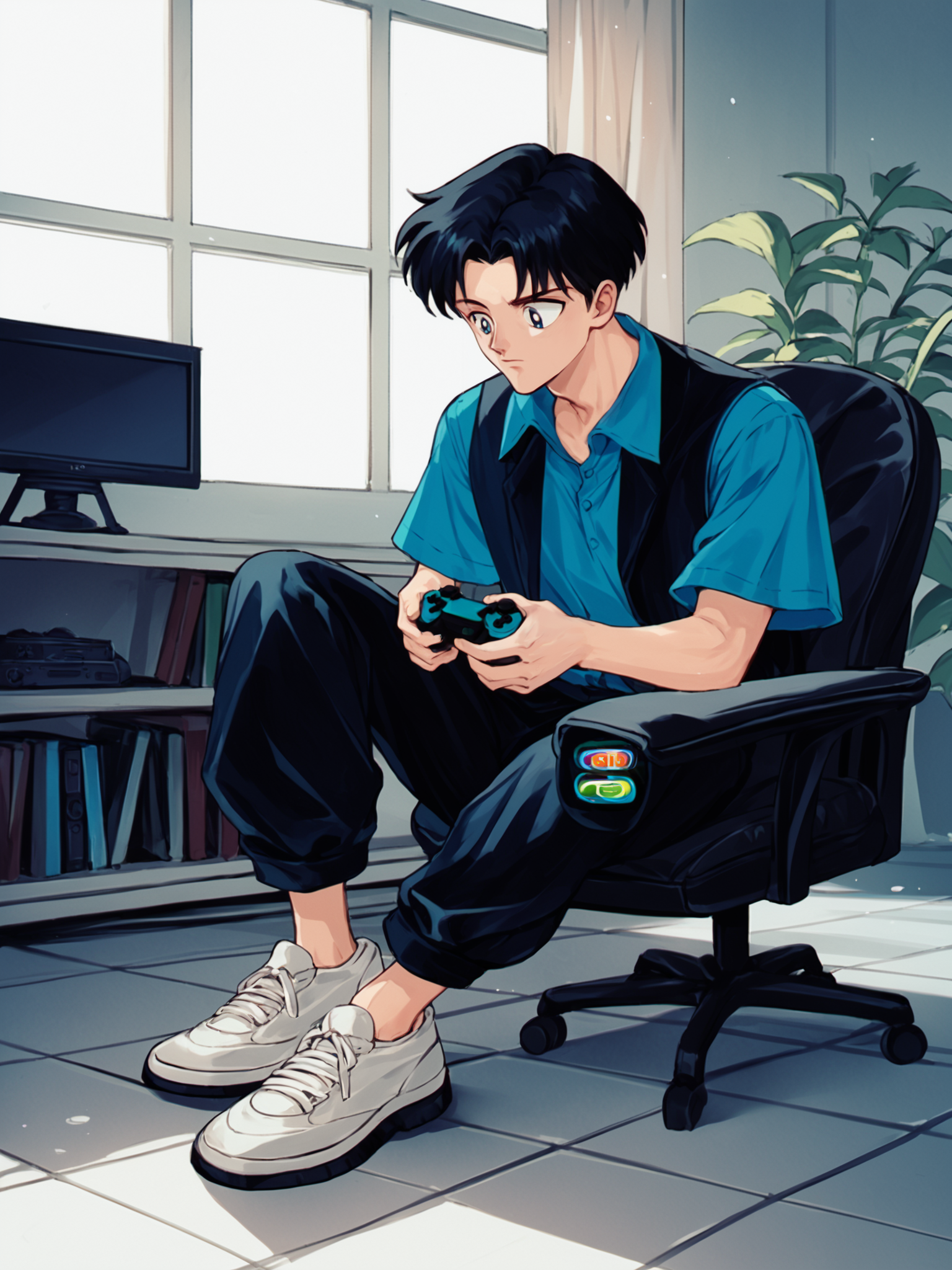 1boy, male focus, solo, black pants, blue shirt, black hair, vest, white footwear, television, game console, game controller, sm90s , computer chair, sitting, tile floor, window, BREAK PonyXLV6_Scores ,  <lora:SM90sPDXL_r1:0.8>
