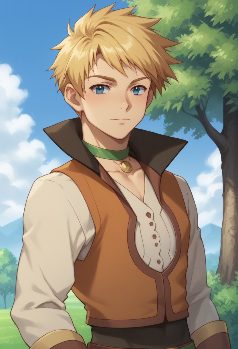 score_9, score_8_up, score_7_up, source_anime, highly detailed,
cecil, solo, 1boy, male focus, green choker, blonde hair, blue eyes, gloves,
choker, vest, upper body
outdoor, tree, sky