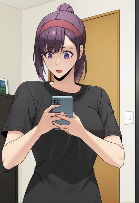 <lora:Sung Jin ah_illustrious-000038:1>,
Sung Jin-ah, solo, open mouth, phone, hairband, shirt, black shirt, cellphone, holding, smartphone, holding phone, upper body, short sleeves, sweatdrop, indoors, t-shirt