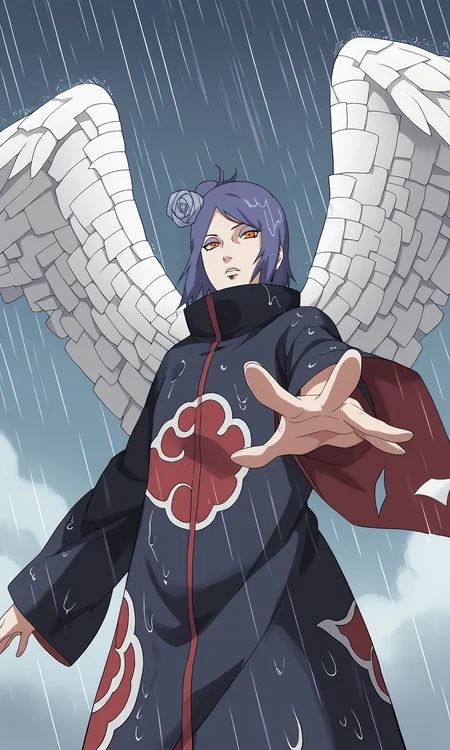 score_9,score_8_up,score_7_up,
from below, outstretched arm, pov,
paper, wings, paper wings,
k0nan, 1girl, solo, looking at viewer, orange eyes, purple eyeshadow, lip piercing,
single hair bun, short hair, hair flower,
long sleeves, high collar, cloud print,
rain, wind, clouds, rainbow, wet,
<lora:Naruto_Konan_PXL-000012:1>