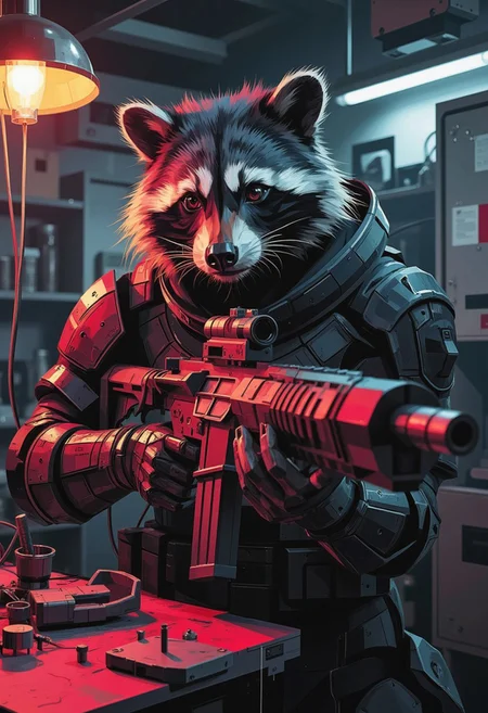 ckbwaw, a digital artwork in the style of ckbwaw, l0wp0ly, in the style of ck-mgs, a cybernetically enhanced raccoon is assembling a futuristic scifi rifle in a messy dimly lit workshop, bright eyes, best quality,masterpiece, detailed, UHD, award-winning,vibrant,acid colors,illustration,concept art,surreal,dark,tenebrous, dynamic,cinematic,archaic,hard science fiction, metal,closeup,zoomed,hdr,brown,dark red,indigo,dystopian,apocalyptic,twilight,decline