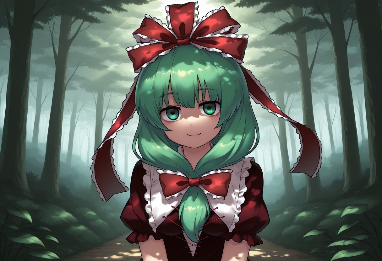 best quality, hires, upper body,
1girl, solo, kagiyama hina, fumo, smile, looking at viewer, forest, dappled sunlight,