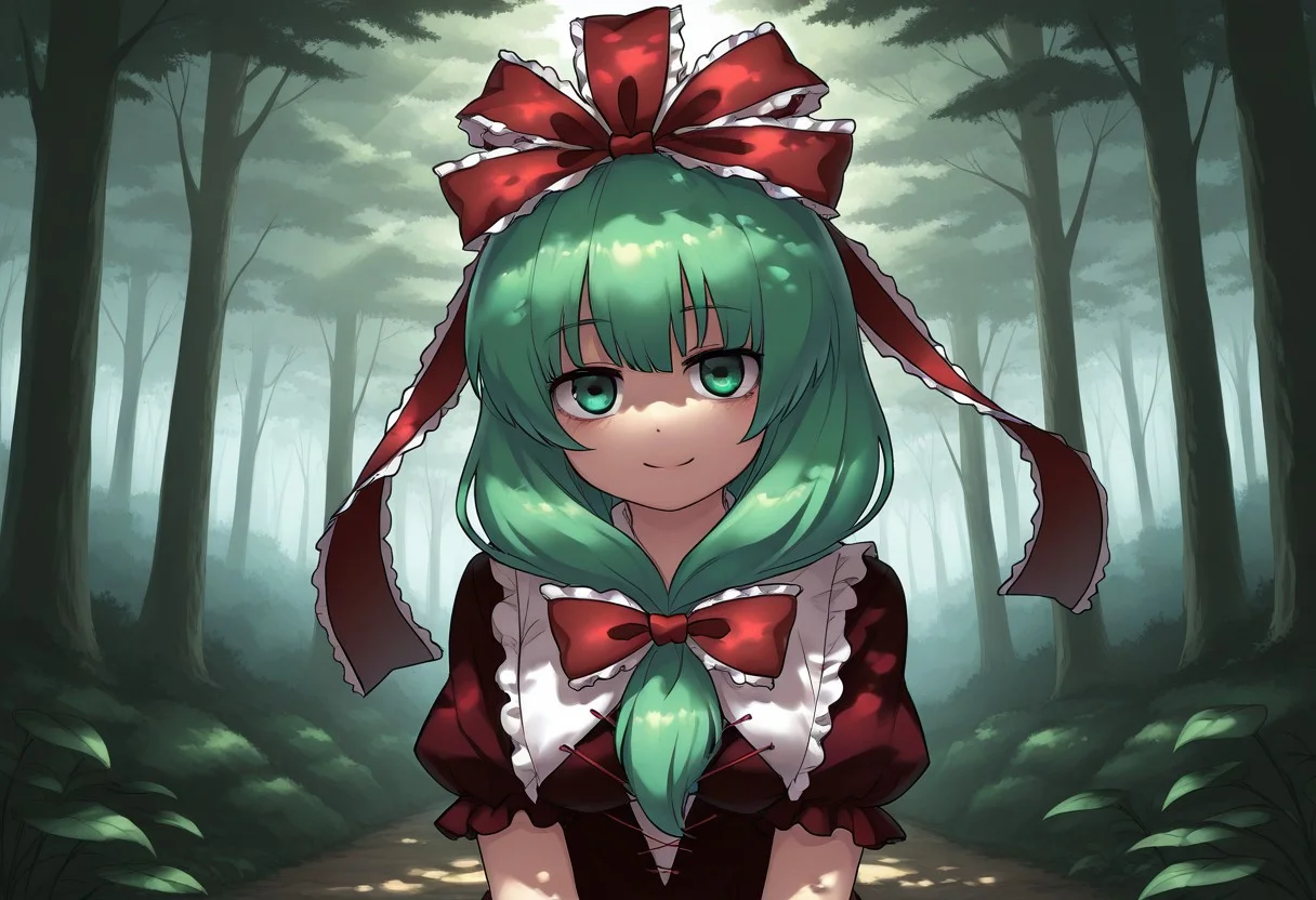 best quality, hires, upper body,
1girl, solo, kagiyama hina, fumo, smile, looking at viewer, forest, dappled sunlight,