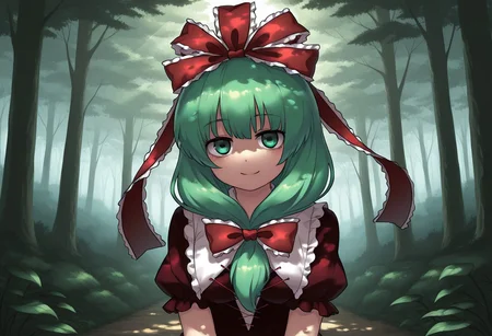 best quality, hires, upper body,
1girl, solo, kagiyama hina, fumo, smile, looking at viewer, forest, dappled sunlight,