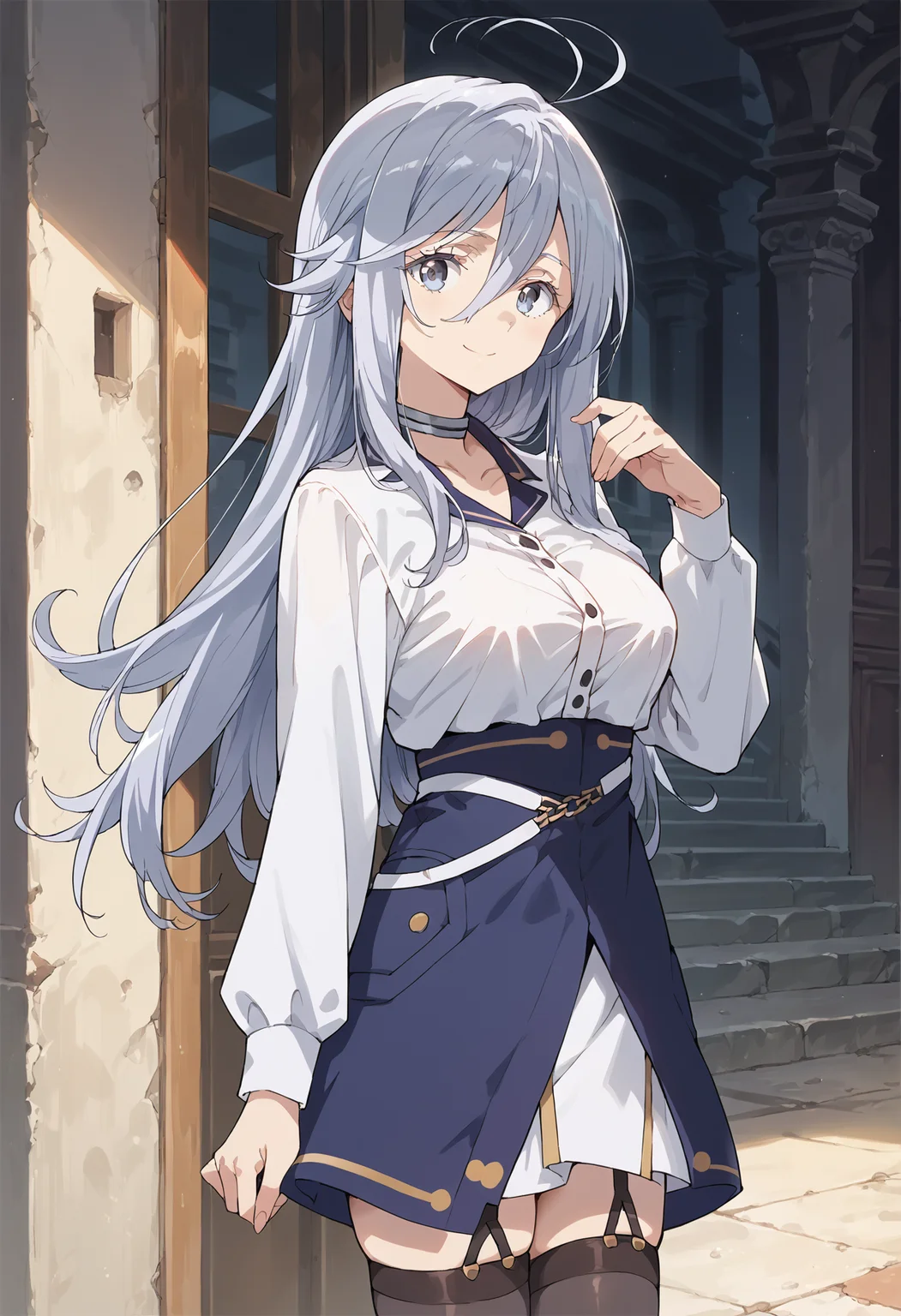 score_9, score_8_up, score_7_up, score_6_up, source_anime,vladilenamilize, 1girl, large breasts, solo, smile, hair between eyes, high-waist skirt, garter straps, thighhighs, grey hair, blouse, very long hair, blue skirt, collarbone, looking at viewer, , long sleeves, closed mouth, standing, ahoge, bangs <lora:vladilena_milize_ponyV2_6:1> cowboy shot, choker