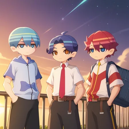 score_9,score_8_up,score_7_up,score_6_up,score_5_up,score_4_up,toshi hatano,sakko otori,rimiya tsukishiro,3boys,multiple boys,bag,necktie,male focus,sky,hood,hoodie,school bag,hand in pocket,pants,hands in pockets,star \(sky\),outdoors,starry sky,twilight,railing,sunset,shirt,belt,white collared shirt,white-red jacket,black shorts,black pants,brown pants,anime screenshot,<lora:Myth_of_Emotions_V1-1:1>,