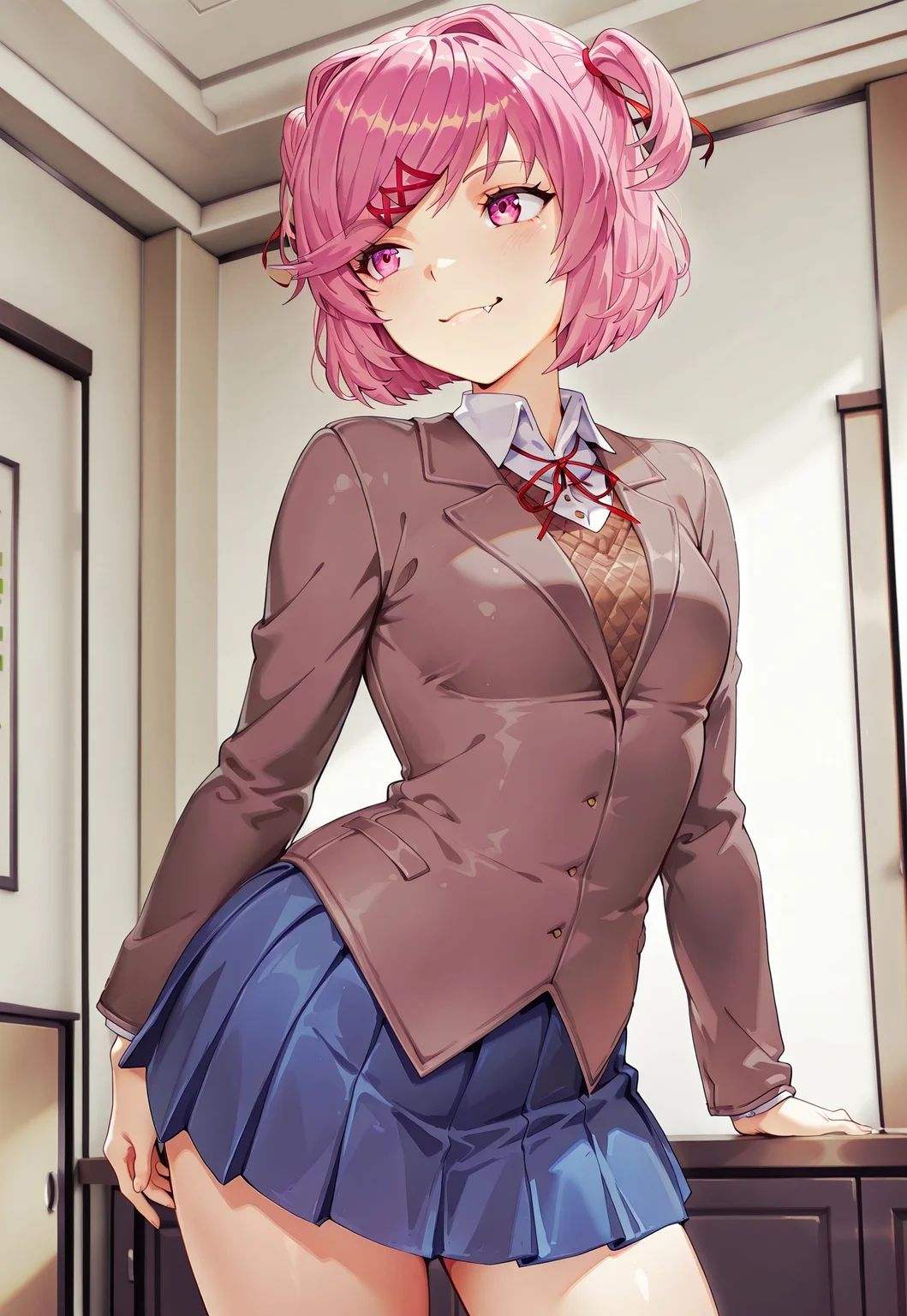 safe_pos, masterpiece, hires, 1girl, DDLCStyle, natsuki, pink hair, short hair, hair ornament, two side up, hairclip, pink eyes, x hair ornament, small breasts, solo, contrapposto, blazer, brown sweater, collared shirt, neck ribbon, blue skirt, posing, happy, mouth open, fang, indoors