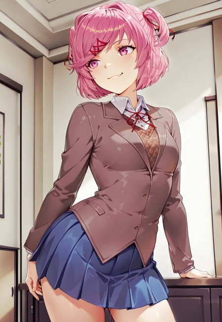 safe_pos, masterpiece, hires, 1girl, DDLCStyle, natsuki, pink hair, short hair, hair ornament, two side up, hairclip, pink eyes, x hair ornament, small breasts, solo, contrapposto, blazer, brown sweater, collared shirt, neck ribbon, blue skirt, posing, happy, mouth open, fang, indoors
