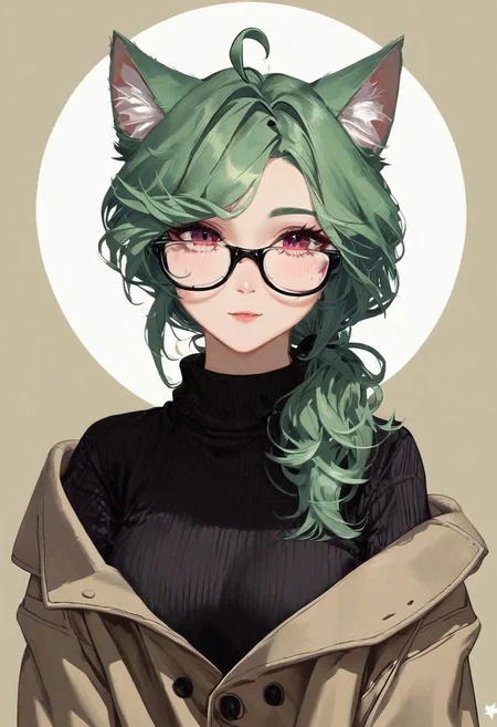 score_9_up, score_8_up_, score_7_up, very detailed, cute catgirl, catgirl ears, titanium framed glasses, bright neon green hair, ponytail, medium hair, ahoge hair, unkempt hair, starry jewelrey, baggy sweater, oversized sweater, dark blue turtleneck sweater, khaki trench coat, well dressed, night time, moon, solo focus on face, portrait shot, detailed face, best detail, (best quality:1.5), masterpiece, (high resolution:1.5)
ng_deepnegative_v1_75t, OverallDetail, , Expressiveh