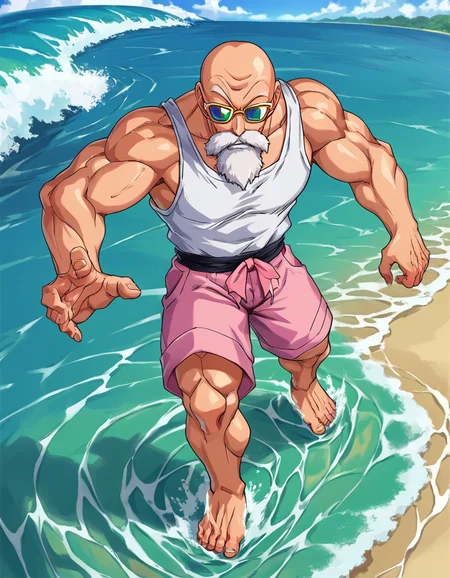 score_9, score_8_up, score_7_up, source_manga, colored,
roshixl, 1boy, tank top, muscular male, pectorals, beach, wave, (dawn:1.3),glow, sunglasses, bald,
<lora:roshi:0.9>