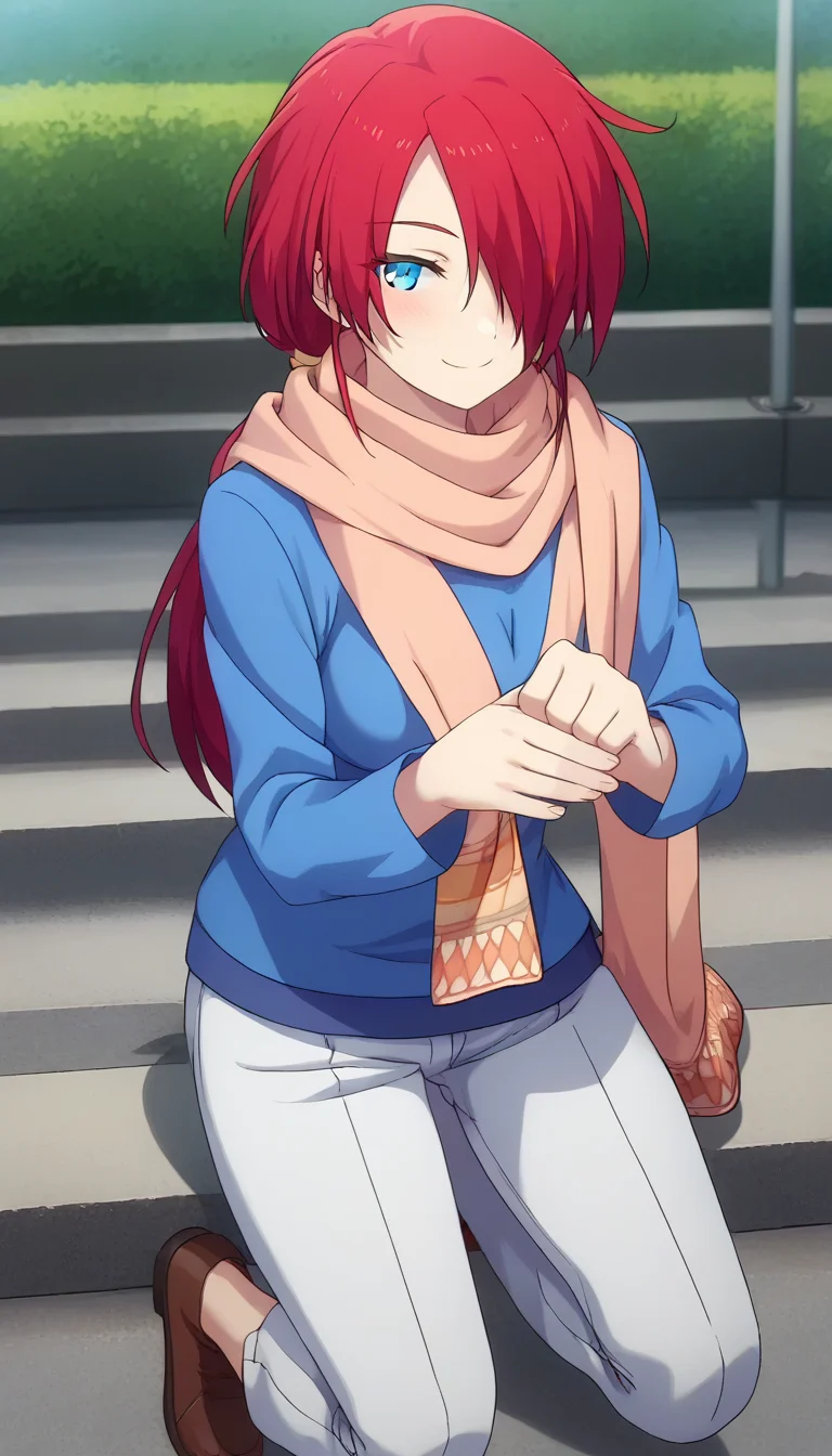 score_9,score_8_up,masterpiece,best quality,correct anatomy,anime_source,1girl,solo,perfect eyes,perfect arms,perfect legs,perfect face,outdoors,upper body,(portrait:1.5),looking at viewer,facing viewer,smile,blush,Sara Shen,long hair,red hair,low ponytail,sidelocks,parted bangs,hair over one eye,blue eyes,scarf,blue sweater,long sleeves,medium breasts,white pants,brown footwear,<lora:Sara Shen(cl)-Pony:1.6>,