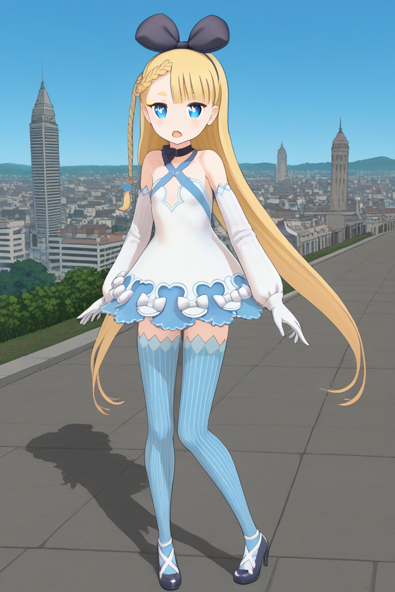 1girl, solo, aliciasolidnnd, blonde hair, very long hair, braid, hair bow, hairband, blue eyes, symbol-shaped pupils, choker, criss-cross halter, dress, detached sleeves, gloves, vertical-striped thighhighs, shoes, high heels, outdoors, cityscape, open mouth, full body