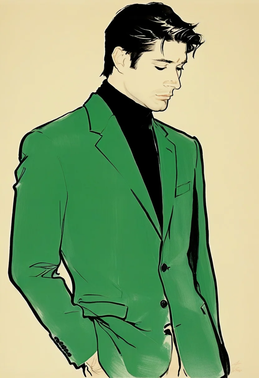 japanese line painting of de4n man, close-up, male, slutty, <lora:RG2:1>in the style of rene gruau, vogue, illustration, style, minimalistic, brush strokes, dynamic pose, black turtleneck, green velvet suit<lora:de4n-niji-00-000008:1>, turning around, looking down, beige background