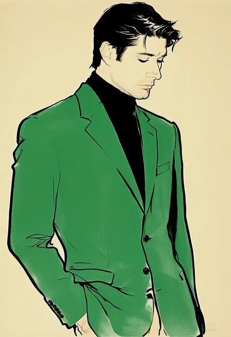 japanese line painting of de4n man, close-up, male, slutty, <lora:RG2:1>in the style of rene gruau, vogue, illustration, style, minimalistic, brush strokes, dynamic pose, black turtleneck, green velvet suit<lora:de4n-niji-00-000008:1>, turning around, looking down, beige background