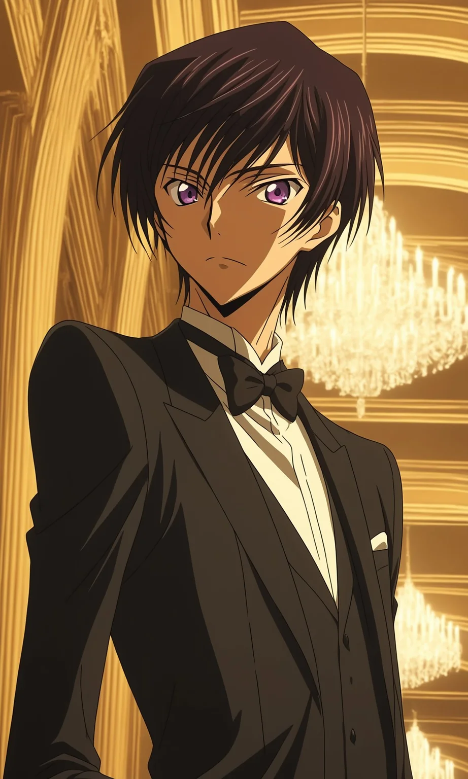 1boy, Lelouch Lamperouge from Code Geass, BREAK source_anime , best quality, wearing a black tuxedo with a bow tie, formal setting, elegant lighting, evening atmosphere, detailed background , <lora:tuxedo:0.6>
