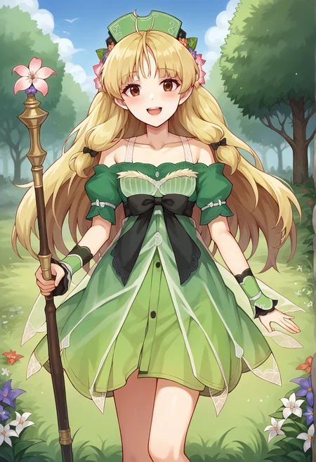 score_9, score_7_up, hd, (ultra hd quality details), source_anime, outdoors, grass,
solo, 1girl, aaayesha, blonde hair, long hair, brown eyes, hair flower,
ayeshadef, green dress, light green dress, see-through, green shirt, hat, waist bow, black bow, wrist cuffs, green skirt, bare shoulders,
looking at viewer, blush, open mouth, smile,
flower, holding staff, standing,
<lora:_ayesha_altugle-elesico-pony-000011:1>