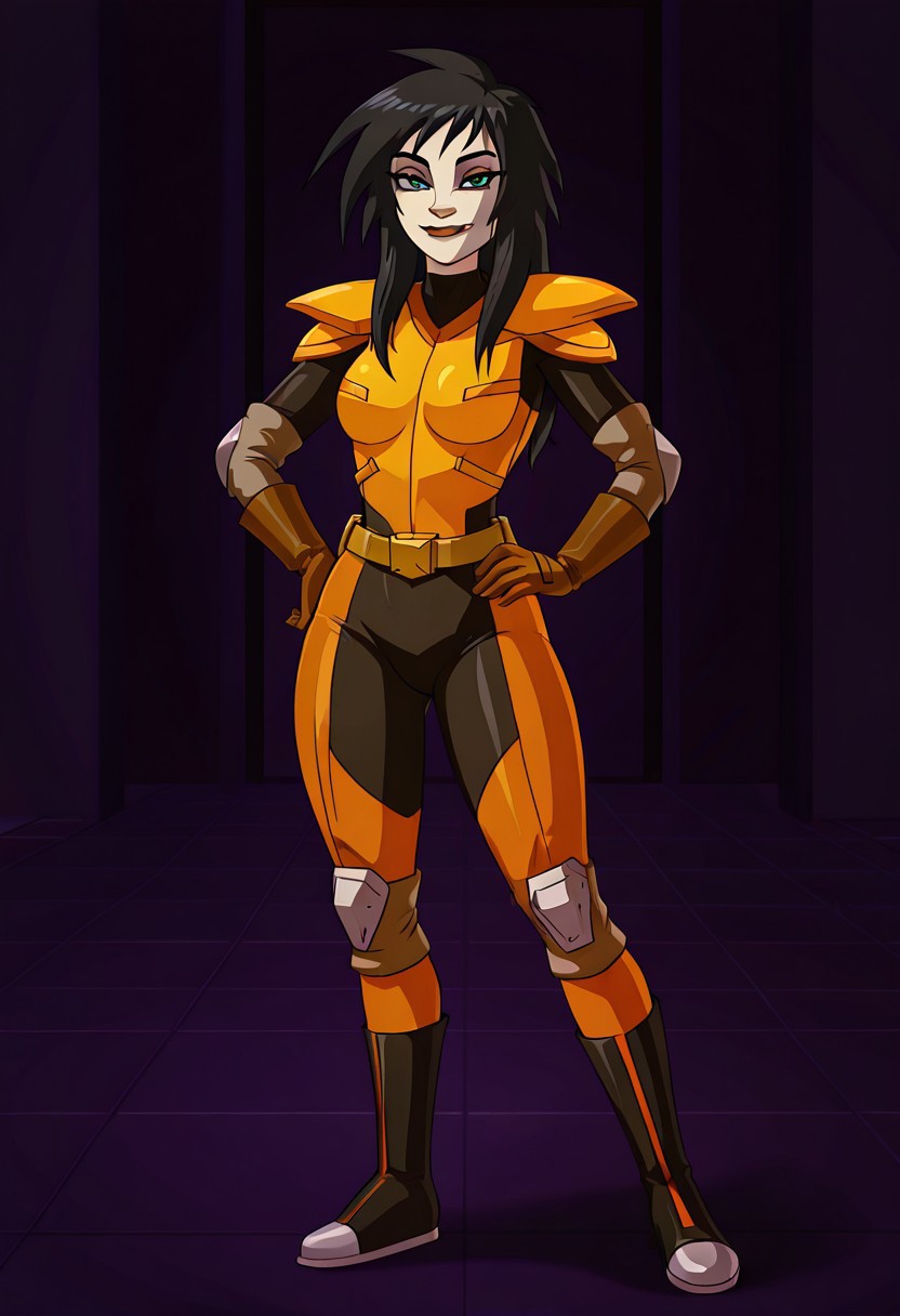 <lora:KylieGriffinIllustrious1.0JLFO:1> kylie,1girl, solo, makeup, black hair, long hair, lipstick, gloves,belt, breasts, bodysuit,armor, green eyes,simple background, looking at viewer, hand on own hip, smile, fullbody, indoors,