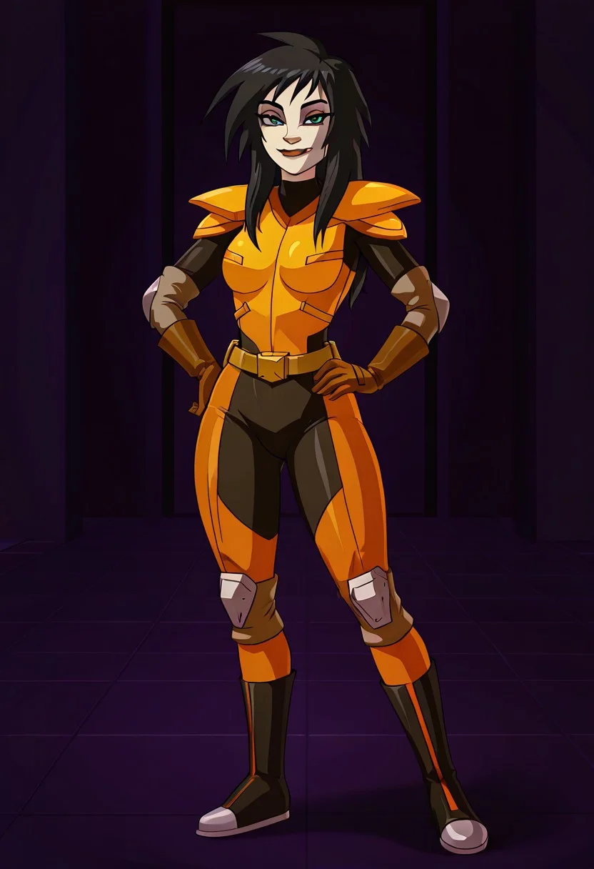 <lora:KylieGriffinIllustrious1.0JLFO:1> kylie,1girl, solo, makeup, black hair, long hair, lipstick, gloves,belt, breasts, bodysuit,armor, green eyes,simple background, looking at viewer, hand on own hip, smile, fullbody, indoors,