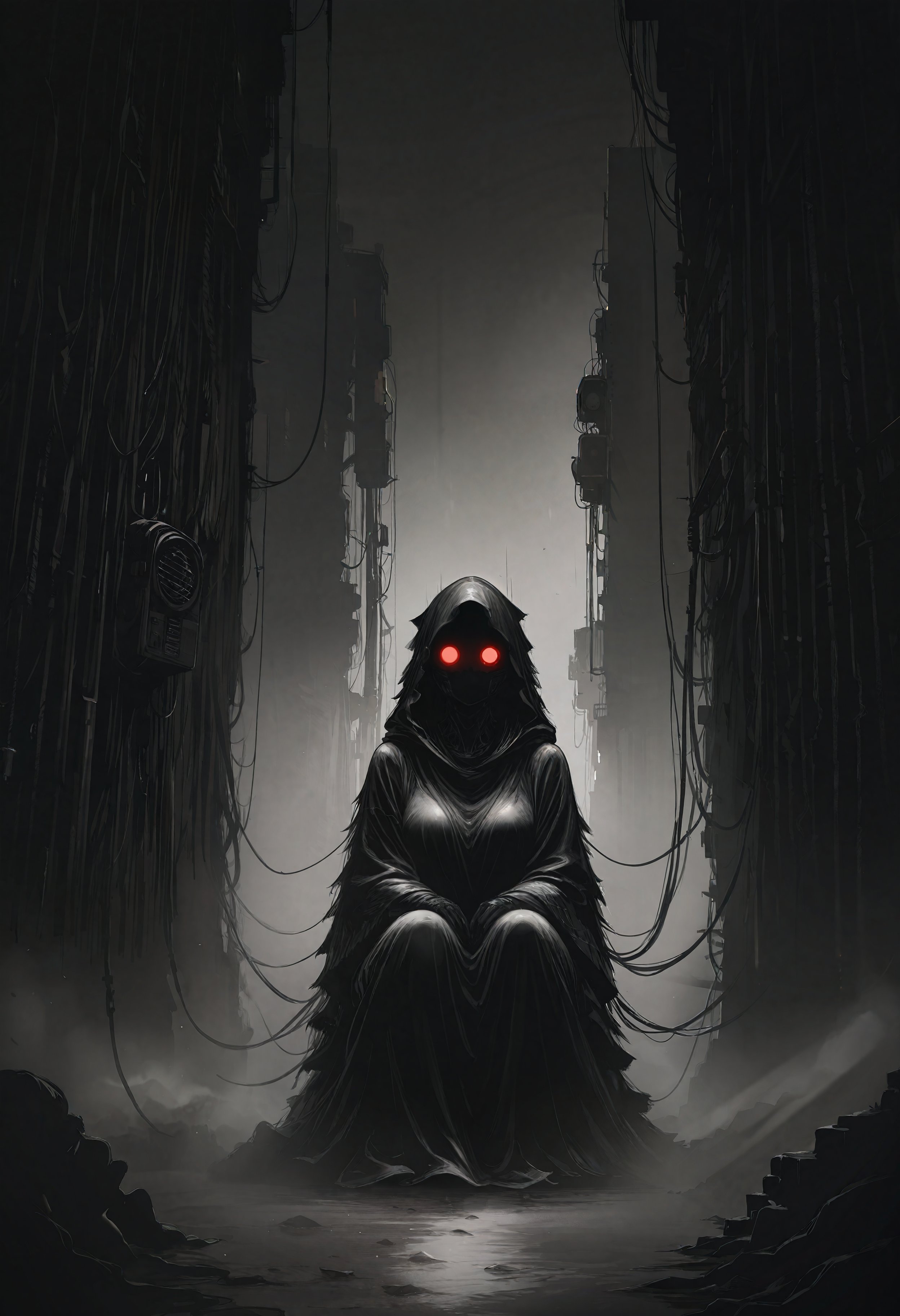 masterpiece, best quality, good quality, newest, highres, cinematic, volume light, agm-illu, monochrome, limited palette, brown and black, dutch angle, perspective, dmsty, solo, alone, 1girl, torn robe, hood on head, glowing red eye, no face, looking at viewer, dark alley, (fog:1.2), steam, cyberpunk, tube, cable, sit at wall, head down, air conditioners, detailed background, garbage, <lora:Anigeiger_Geigerme_Illu_Edition:0.8>,  <lora:Digital_Dystopia_IL:0.8>,  <lora:dark-moody-ill:0.8>