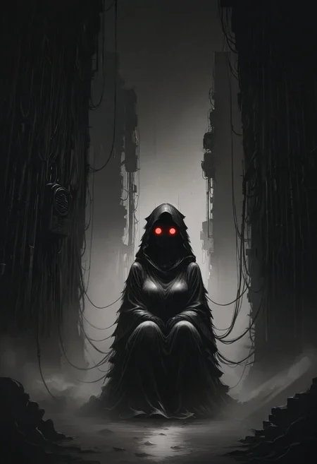 masterpiece, best quality, good quality, newest, highres, cinematic, volume light, agm-illu, monochrome, limited palette, brown and black, dutch angle, perspective, dmsty, solo, alone, 1girl, torn robe, hood on head, glowing red eye, no face, looking at viewer, dark alley, (fog:1.2), steam, cyberpunk, tube, cable, sit at wall, head down, air conditioners, detailed background, garbage, <lora:Anigeiger_Geigerme_Illu_Edition:0.8>, <lora:Digital_Dystopia_IL:0.8>, <lora:dark-moody-ill:0.8>