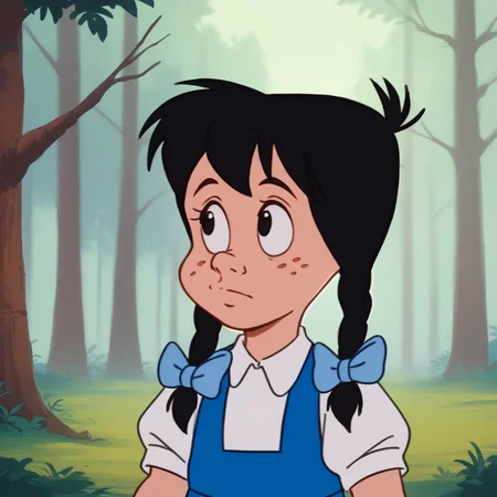 score_9_up, score_8_up, BREAK, DotHugson, 1girl, solo, black hair, twin braids, black eyes, freckles, hair bow, white shirt, short sleeves, blue dress, upper body, <lora:DotHugson_TheOzKids_PXL_Leaf1:1>, outdoors, forest, arms at sides,