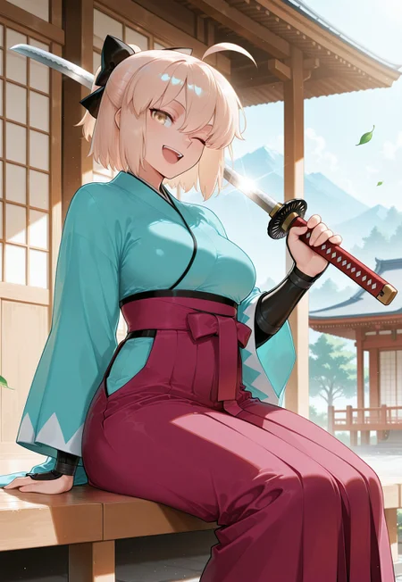 masterpiece, best quality, amazing quality, very aesthetic, light particles, scenery, ultra detailed, masterpiece \(quality\), BREAK, 1girl, solo, okita souji \(fate\), japanese clothes, weapon, one eye closed, sword, blonde hair, kimono, open mouth, ahoge, sitting, hakama, bow, sheath, smile, hair bow, hakama skirt, yellow eyes, katana, arm guards, looking at viewer, black bow, sheathed, short hair, skirt, wide sleeves, sunlight, architecture, outdoors, east asian architecture, leaf, holding, ;d, half updo, fate \(series\), ,masterpiece,best quality,amazing quality, very awa, perfect_anatomy, intricate eyes, anatomically_correct_body, year2024, year2023, ultra high resolution, 4k, UHD, HD, (nyantcha:0.5), (detailed background),