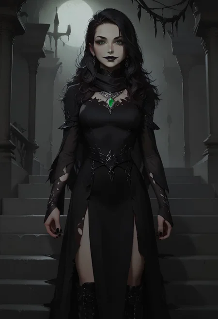 score_9, score_8_up, score_7_up, concept art, realistic, dark theme, perfect quality, masterpiece, highly detailed, low light, Expressiveh, 4kFacePonyXL, ng_deepnegative_v1_75t,
anatomically perfect, bhands, glowing, neon lights,
portrait, gothic fantasy style, wide gothic grey marble staircase, outdoor scene, 
1girl, 30 years old woman, solo, tall regal figure, slender body, fit athletic body, beautiful face, pale skin, black boots, slightly torn elegant long black robes, thick robes, rags, robes covering body from neck to ankle, black scarf, holes in robe, dark black messy hair with gray streaks, waist length hair, long hair, large sexy eyes, vibrant green eyes, black nail polish, standing at top of the staircase, black wings, black lipstick, soft smile, silver ring with ruby stone, silver diamond earrings, silver necklace with ruby medallion, looking at viewer,