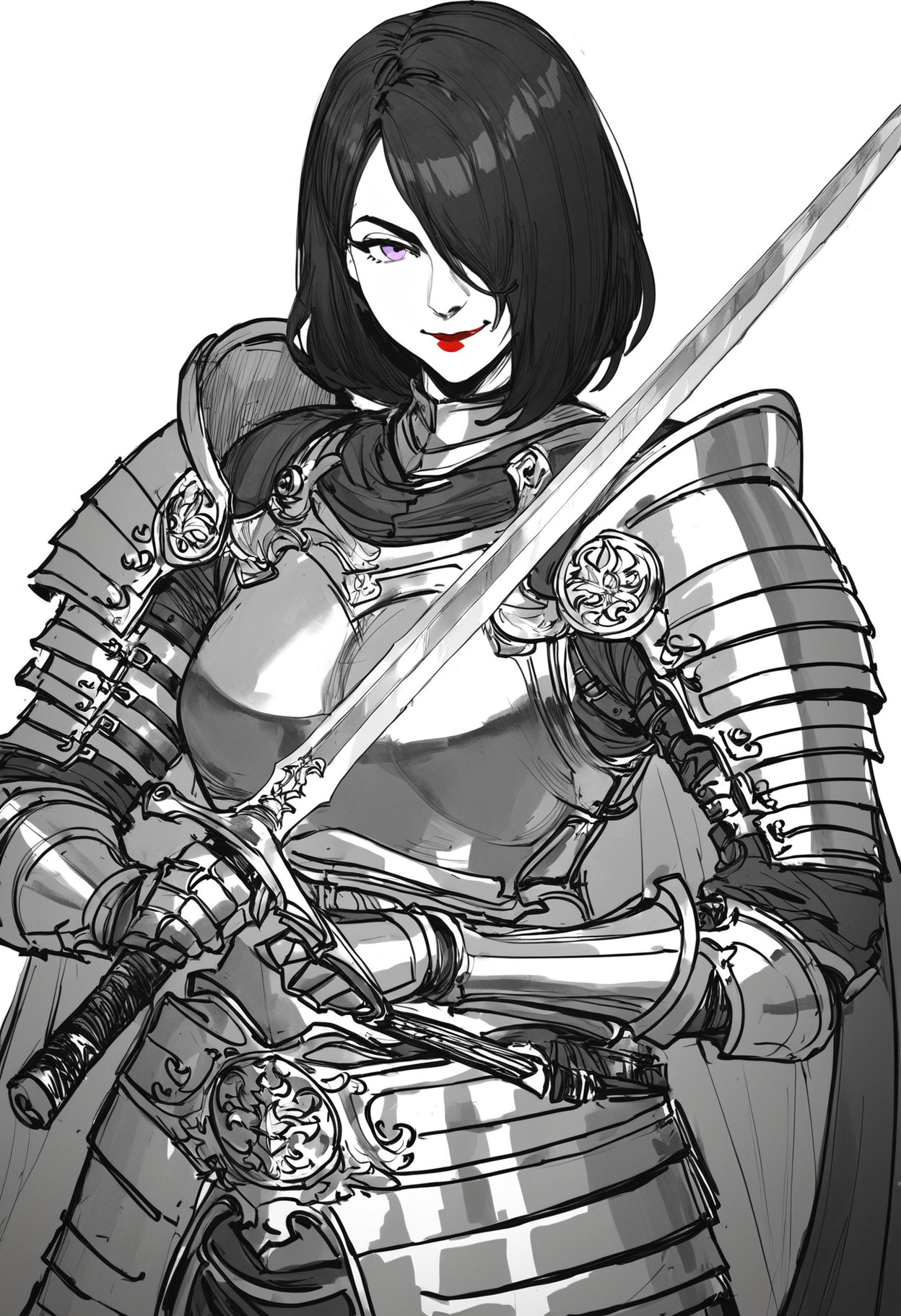 score_9, score_8_up, score_7_up,
1girl, black hair, pale skin, purple eyes, hair over one eye, medium hair, medium breasts, red lipstick,
closed mouth,  smile,
armor,  weapon, breastplate, sword, shoulder armor, holding, plate armor,  gauntlets, cape, pauldrons, holding weapon, holding sword,
white background,  simple background,
<lora:Gambargin_-_style:1>, sketch, gambargin, monochrome,