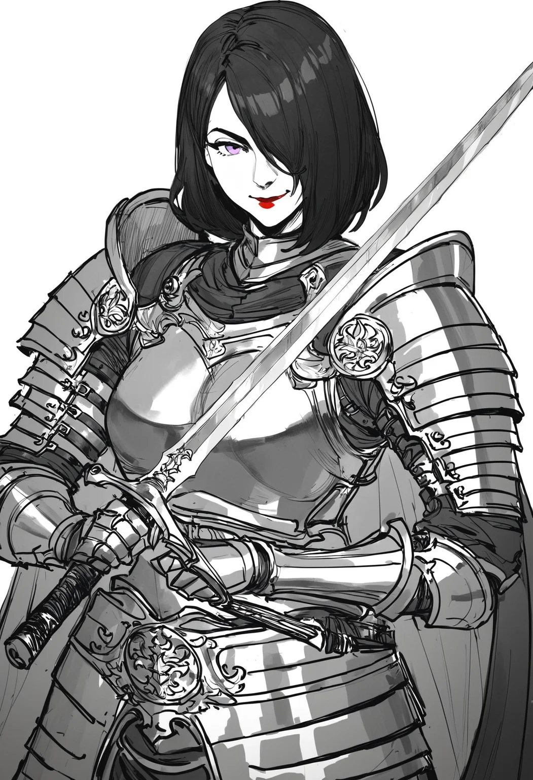 score_9, score_8_up, score_7_up,
1girl, black hair, pale skin, purple eyes, hair over one eye, medium hair, medium breasts, red lipstick,
closed mouth, smile,
armor, weapon, breastplate, sword, shoulder armor, holding, plate armor, gauntlets, cape, pauldrons, holding weapon, holding sword,
white background, simple background,
<lora:Gambargin_-_style:1>, sketch, gambargin, monochrome,