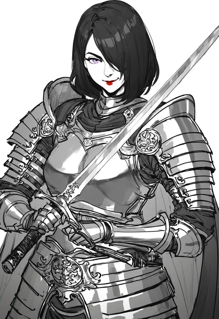 score_9, score_8_up, score_7_up,
1girl, black hair, pale skin, purple eyes, hair over one eye, medium hair, medium breasts, red lipstick,
closed mouth, smile,
armor, weapon, breastplate, sword, shoulder armor, holding, plate armor, gauntlets, cape, pauldrons, holding weapon, holding sword,
white background, simple background,
<lora:Gambargin_-_style:1>, sketch, gambargin, monochrome,