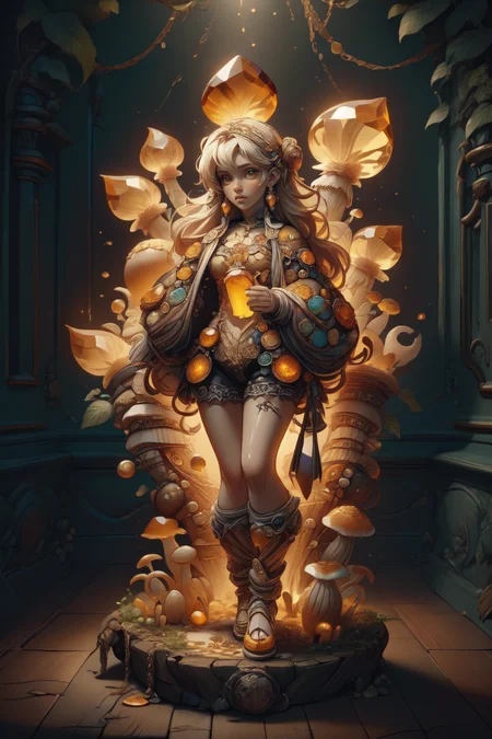 breathtaking 1girl, full shot, full body, <lora:ral-mushroomz:1> mushroomz <lora:citrine-style-darquelilly-v1:1> citrinegemstyle, masterpiece, award-winning, professional, highly detailed, low key lighting, chiaroscuro lighting