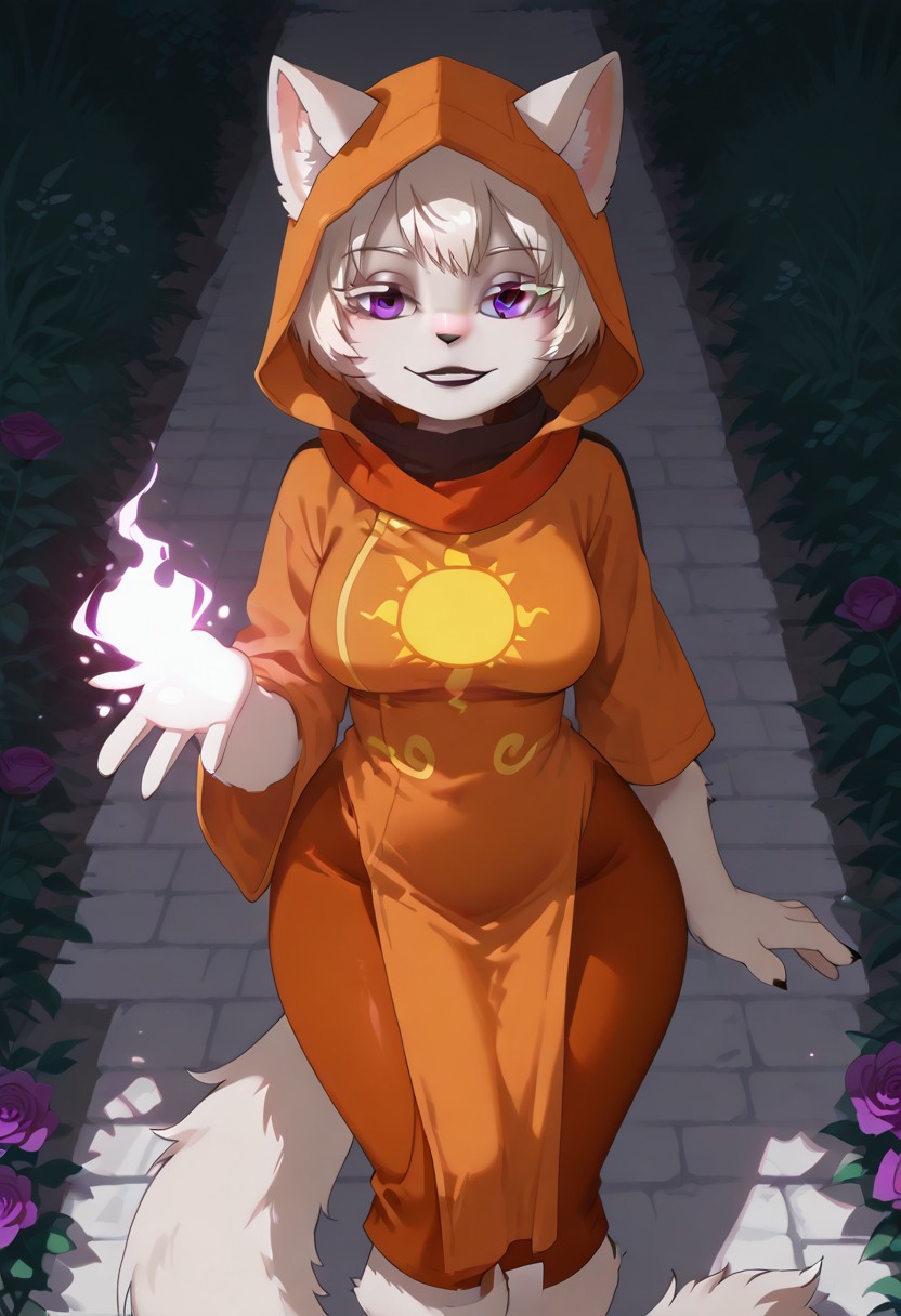 score_9, score_8_up, score_7_up, score_6_up, g0thicPXL, 1girl, 1girl, solo, furry female, flat color, cat girl, Rose Lalonde, cat ears, mauve fur, pale short hair, purple eyes, rosegod, orange clothes, robe, scarf, hood, sun print, pelvic curtain, standing, sexy posing, big ass, grinning, fluffy cat tail, wide hips, big breasts, waving her hands with magic effects, BREAK outside, Rich, Detailed background, ambient light, high angle view, looking at viewer,