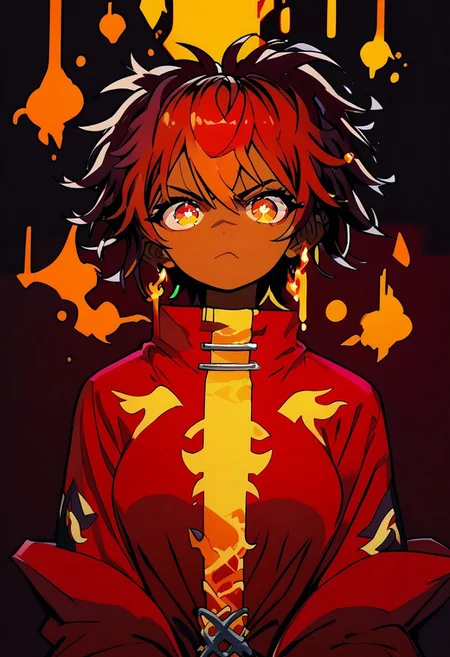 score_9, score_8_up, score_7_up, TKMND, volumetric lighting, portrait, face focus, shading, cross hatching, 
BREAK
1girl, short hair, red pupils, fire mage, fiery hair, messy hair, dark red hair, leotard, gold patterns on leotard, angry face, sparkling eyes, arcane energy, lava dripping down face, dripping lava, flames in background, flames accentuates features,
