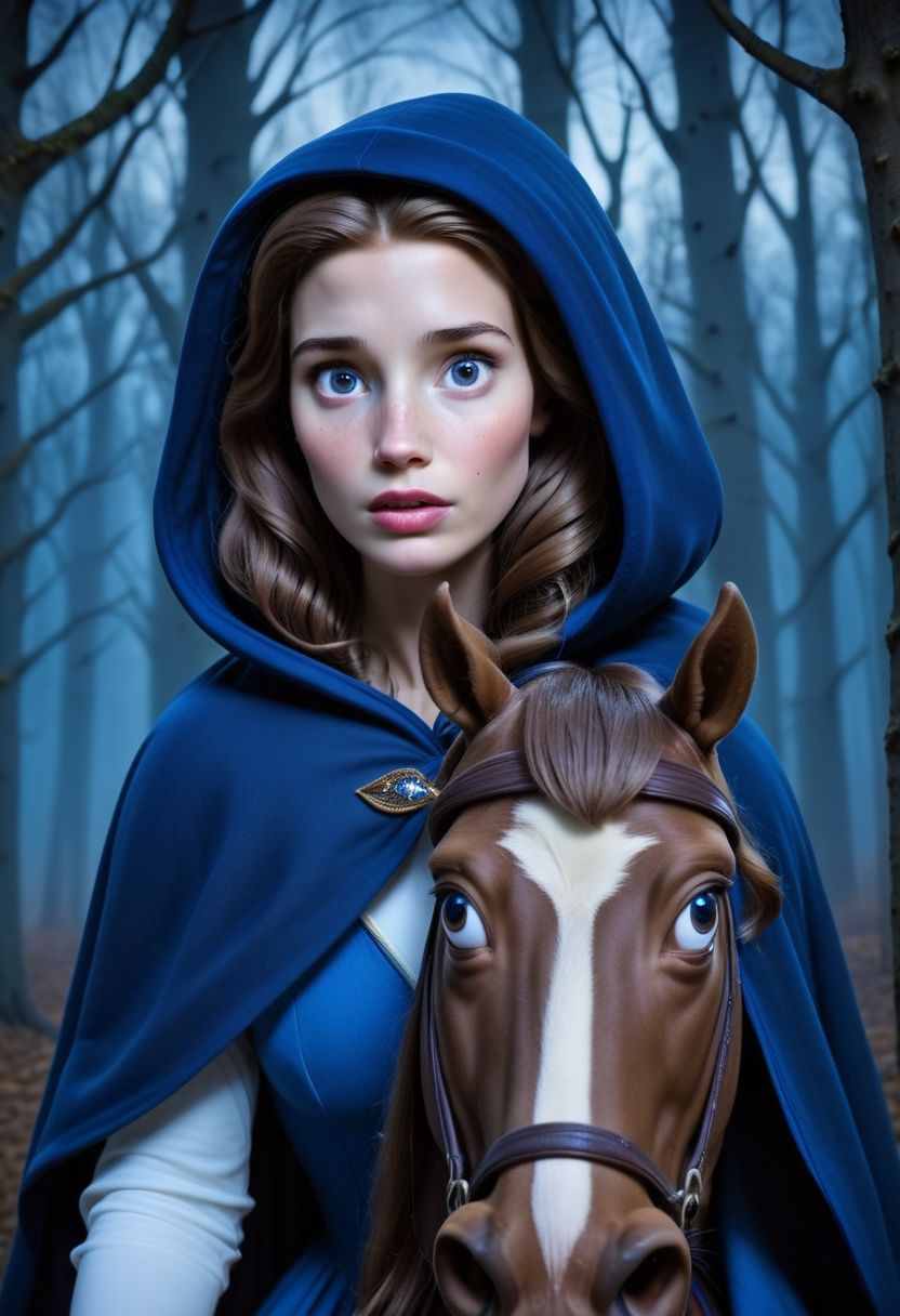 Raw photo, original style, very detailed face features,  Belle, riding horse, in dark forest , hooded in blue cape, majestic